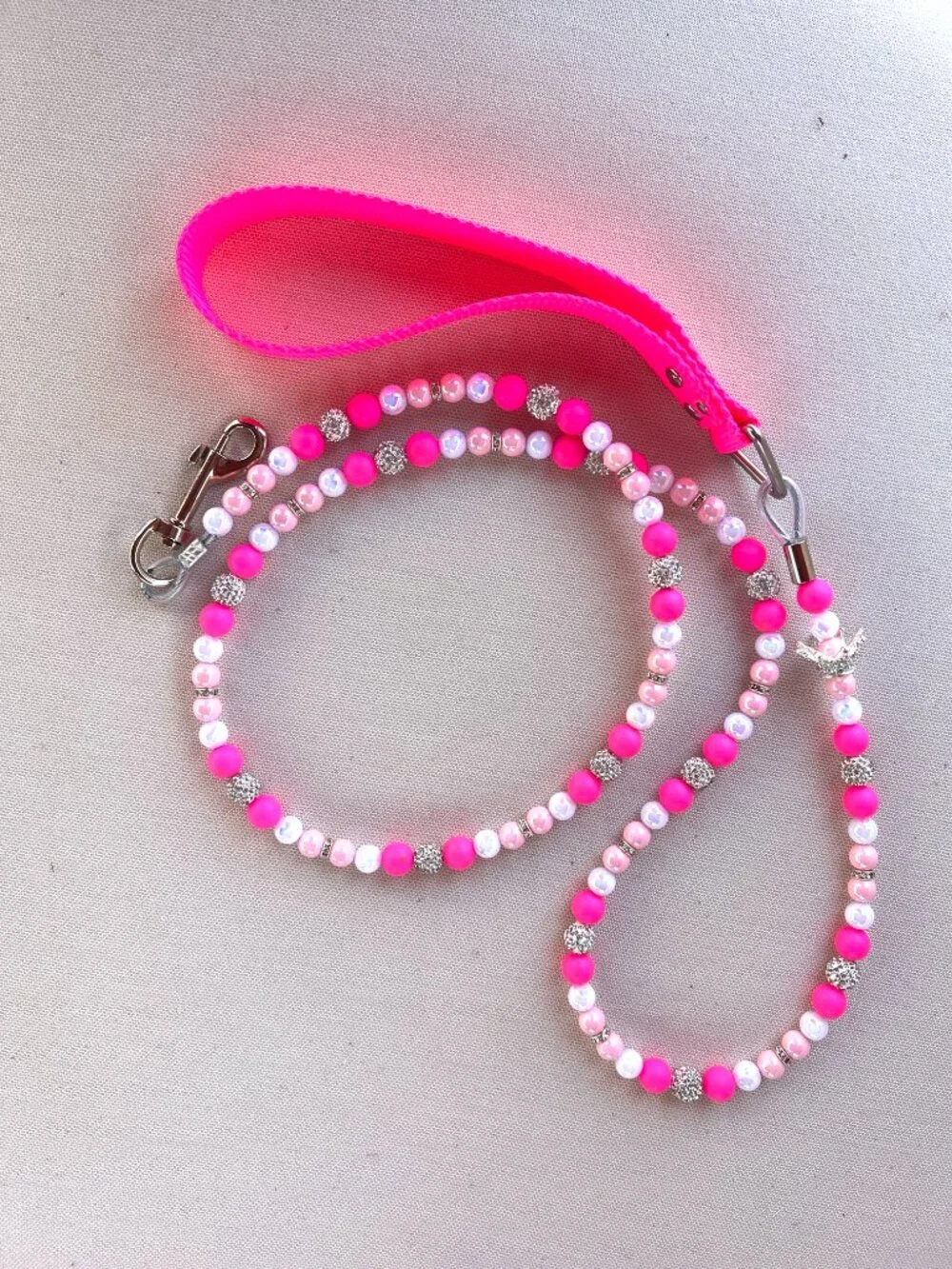 Princess Pink Rhinestone Crown Dog Leash - Neon Pink - Handmade